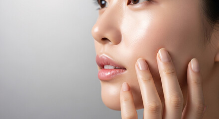 Side profile of a young Asian woman's flawless, hydrated skin, with fingers gently caressing her cheek, emphasizing beauty and skincare.