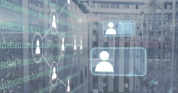 Animation of binary codes, connected profile icons over data server systems
