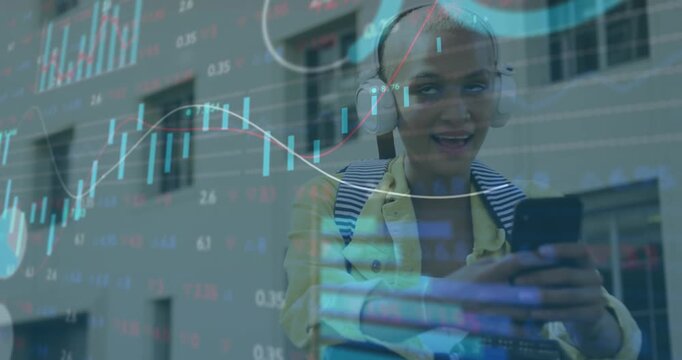Animation of graphs, trading board, bald woman wearing headphone and listening to music