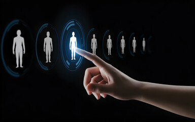 Human hand selecting a person icon on a futuristic interface screen with multiple user profiles