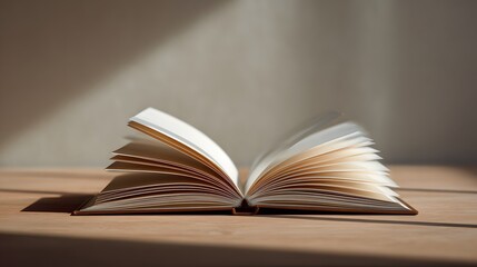 Fototapeta premium Close-Up of an Open Blank Book with Soft Sunlight Shadows