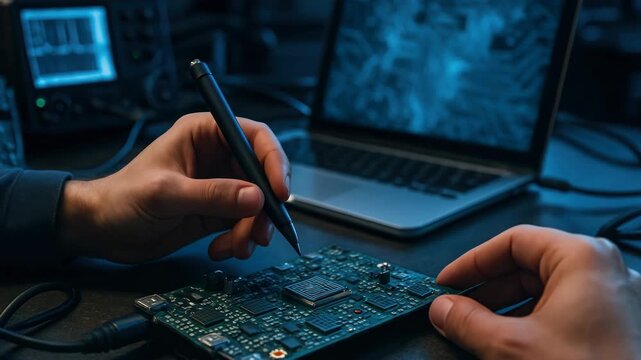 Close-up, angled shot of hands working on a circuit board with a laptop in the background, evoking a tech-focused video tutorial atmosphere. Live desktop wallpaper.