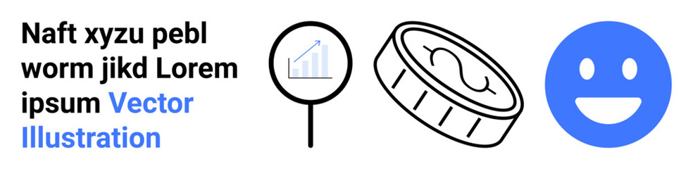 Fototapeta premium Business analysis, financial growth, user feedback, economic concepts, marketing strategy, data trends. A magnifying glass with a graph, a coin and a happy face. Business analysis and financial