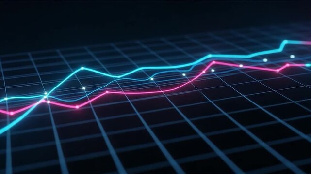 Digital Lines of Progression: An illustrative visualization presents a vibrant display of neon lines charting a fluctuating trend on a structured grid.