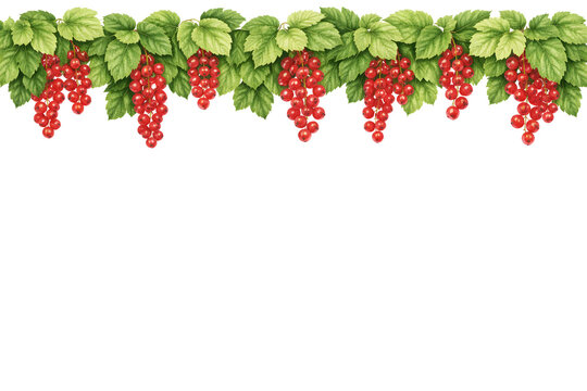 Red Currant Branches with Berries &ndash; Botanical Watercolor Upper Border