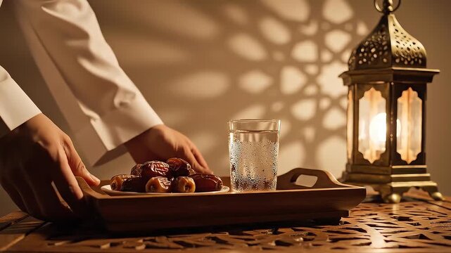 A person prepares iftar with dates and water on a decorative tray near a lantern during Ramadan