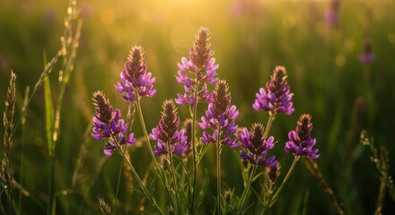 Obraz premium Beautiful cluster of vibrant purple wildflowers thriving under the bright, warm summer sun, highlighting natural beauty and growth in a field, sunlight, flora, fresh