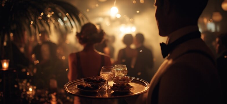 Waiter carrying tray at glamorous party. Waiter carrying a silver tray with drinks and food at a blurred, elegant party scene