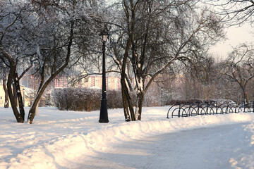 Snow blankets the ground in a luminous Park. Trees glisten with frost, along with a path, lamppost, and bike rack basking in the gentle glow of the morning sun