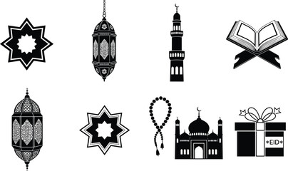 Naklejka premium PrintIslamic Ramadan icon set with lanterns mosque Quran prayer beads and Eid celebration religious symbols illustration