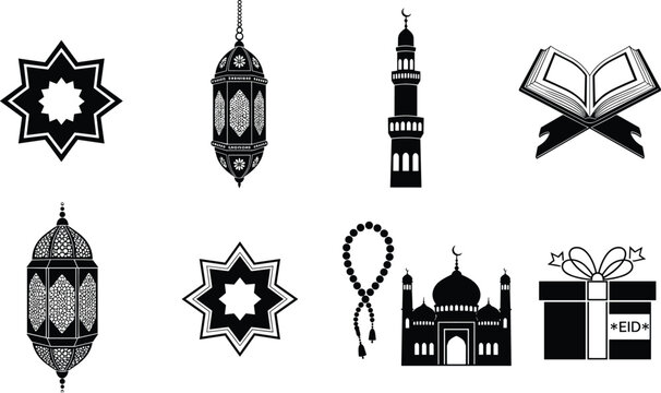 PrintIslamic Ramadan icon set with lanterns mosque Quran prayer beads and Eid celebration religious symbols illustration