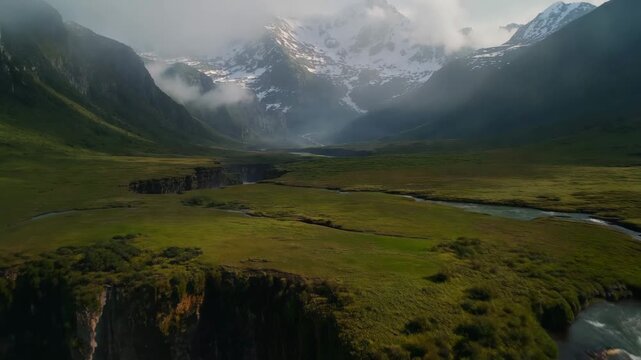 Waterfall rushing through mountain foothills beneath soft drifting clouds