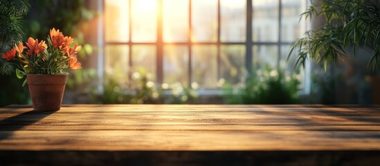 Wooden Table with Flowers and Sunlight
