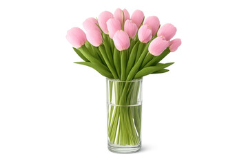 Fototapeta premium Pink tulip bouquet in glass vase on transparent background