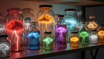 Vibrant glowing energy forms with lightning contained in glass jars on a dark shelf, illustrating the concept of lessons from dark experiences