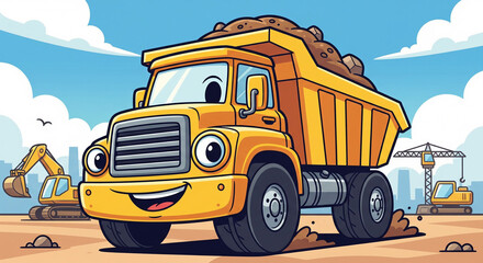 Cartoon dump truck on the road