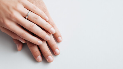 Fototapeta premium a stunning macro close-up of two elegant gold wedding bands resting on a soft white fabric, with a couple's hands gently blurred in the background to symbolize love and commitment.