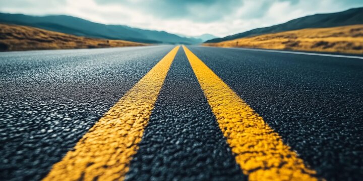 A wet road with yellow lines stretching into the horizon under an overcast sky.
