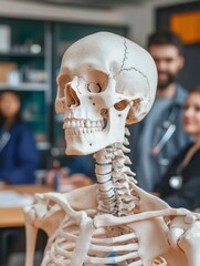 A group of students observing an ancient skeleton during a lecture at a university.
