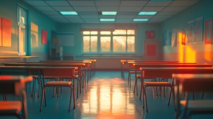 Sunlit empty classroom, desks arranged