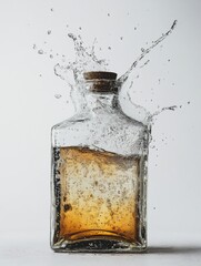 A vintage glass bottle of whiskey on a tabletop splatters its contents onto the surface as it shatters. The spilled liquid includes both whiskey and frozen ice cubes that are suspended in mid-air