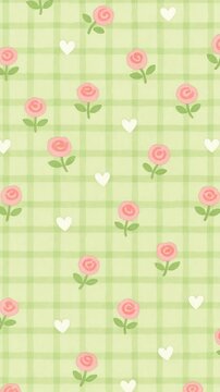 Top-down view of a charming, pastel green gingham pattern with pink roses and white hearts, perfect for a whimsical video background. Live mobile wallpaper.