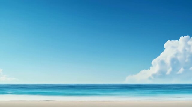 Serene beach scene featuring turquoise water, white sand, and f clouds under a clear blue sky.
