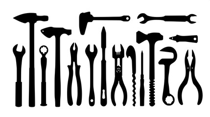 Set of construction hand tools in solid black silhouette, isolated on white background, clean vector illustration, no gradients