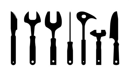 Set of construction hand tools in solid black silhouette, isolated on white background, clean vector illustration, no gradients