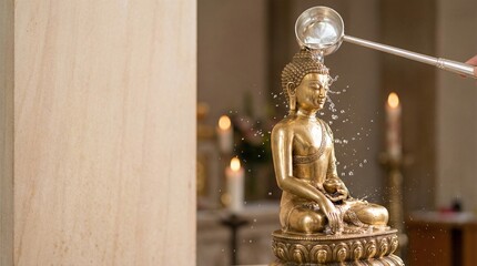 Bronze Buddha statue being blessed with water in serene setting  
