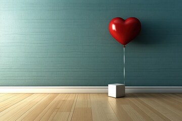 Red Heart Balloon Against Teal Wall, Romantic valentine celebration background with floating ornament showing affection seasonal party anniversary minimalist copy space
