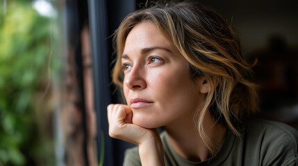 Naklejka premium Caregiver burnout concept with woman gazing thoughtfully out window, faceless person, deep emotion expression, reflective moment, defocused background, with copy space