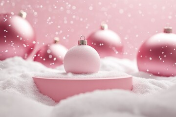 Delicate pink Christmas ornaments with gold caps, floating on a sea of white snow. Festive holiday decoration