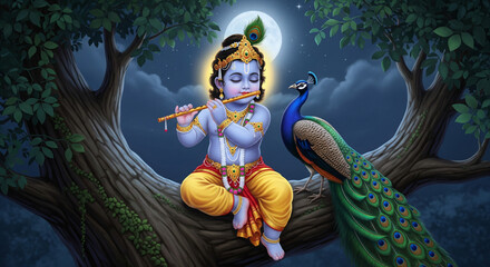 Krishna and peacock forest on night