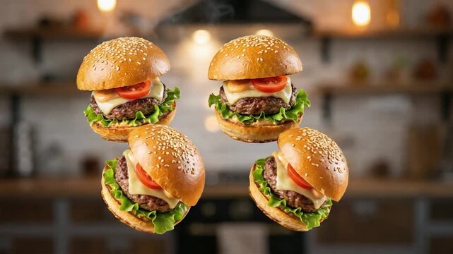 Appetizing Burger Delight: Four delicious hamburgers with juicy beef patties, fresh lettuce, and ripe tomatoes are perfectly captured against the backdrop of a modern kitchen