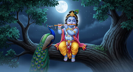 Krishna and peacock forest on night