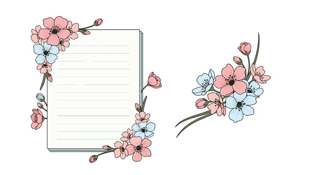 Elegant stationery paper template adorned with cherry blossoms and blue floral arrangements for letters or notes.