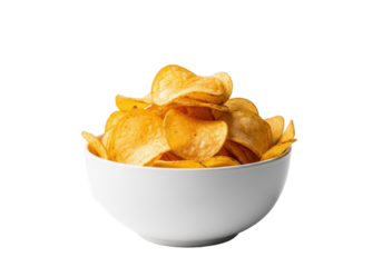 White ceramic bowl overflowing with golden crispy potato chips, seasoned, on bright white studio background with copy space, soft high-key light, delicious snack advertisement concept