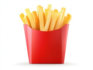 Freshly cooked french fries in iconic red paper carton. High-resolution image perfect for food advertisements and menus.