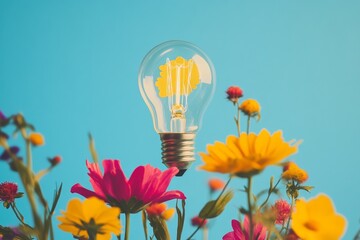 A vintage Edison bulb in a field of vibrant flowers against a blue sky background.