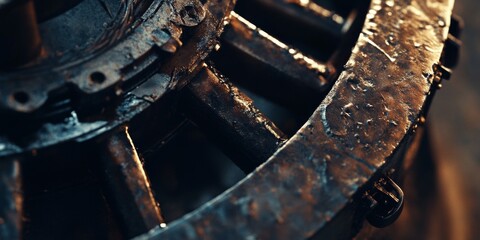 An old, weathered piece of industrial machinery covered in rust and oil.