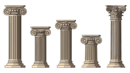 Obraz premium Collection of five classical architectural pillars of different heights featuring intricate capitals and fluted shafts.