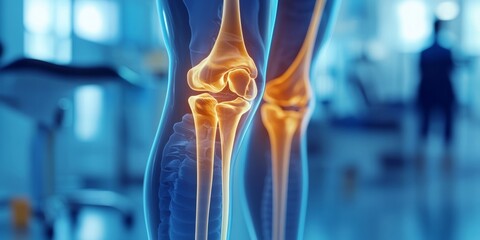 Medical illustration showing a human knee with an implanted prosthetic joint for arthroplasty.