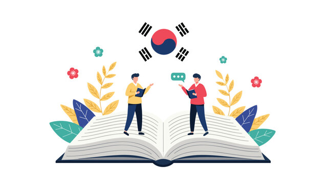 Education and language learning concept featuring students reading books under a large South Korean flag.