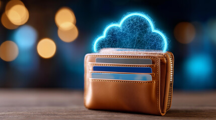 Wallet integration success finance transaction concept with digital cloud symbol over credit cards, online transactions representation, cloud banking, defocused payment cards, with copy