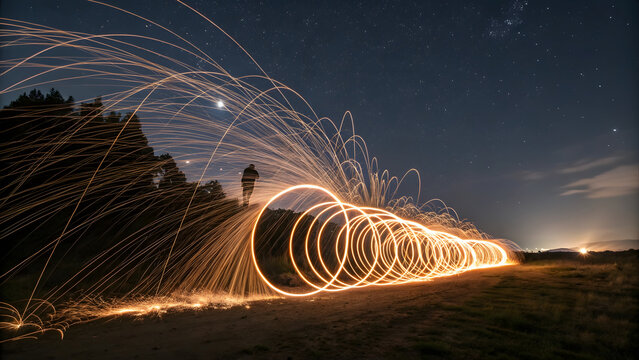 Nighttime steel wool photography in forest