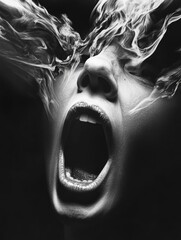 Mouth open wide with exhaled smoke forming abstract shapes around the lips and nose