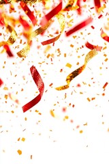 Red and gold confetti burst with a blurred background, symbolizing celebration or party atmosphere.