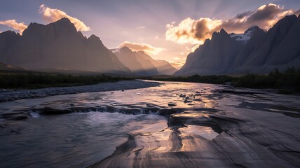 A serene mountain landscape with a river flowing through it at sunset