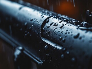 A close-up image of raindrops on the exterior of a gun barrel, with blurred lights in the background.